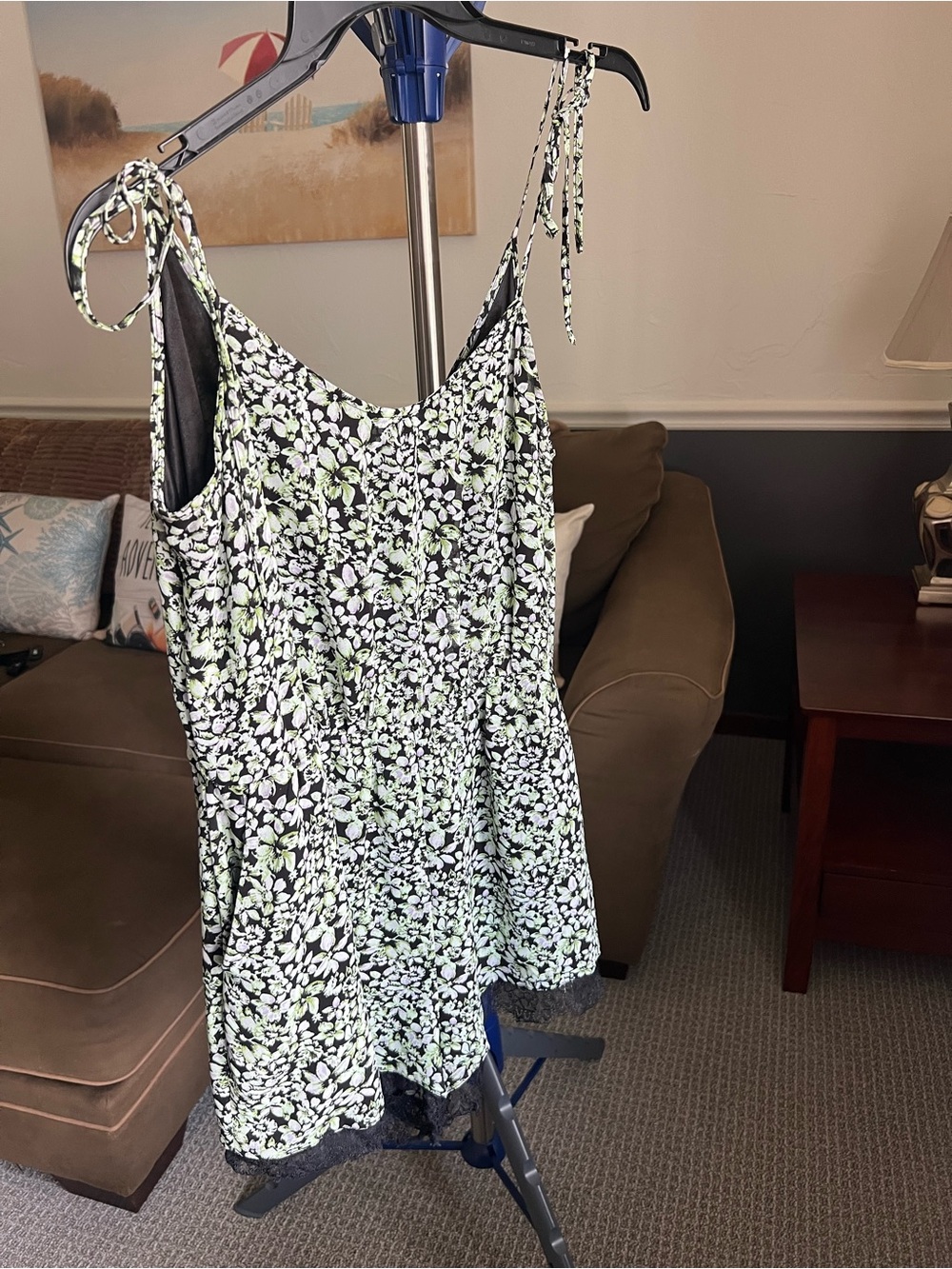 BCBGeneration V-Neck Drawstring Chiffon Romper One-Piece, Black Floral, M # 249
